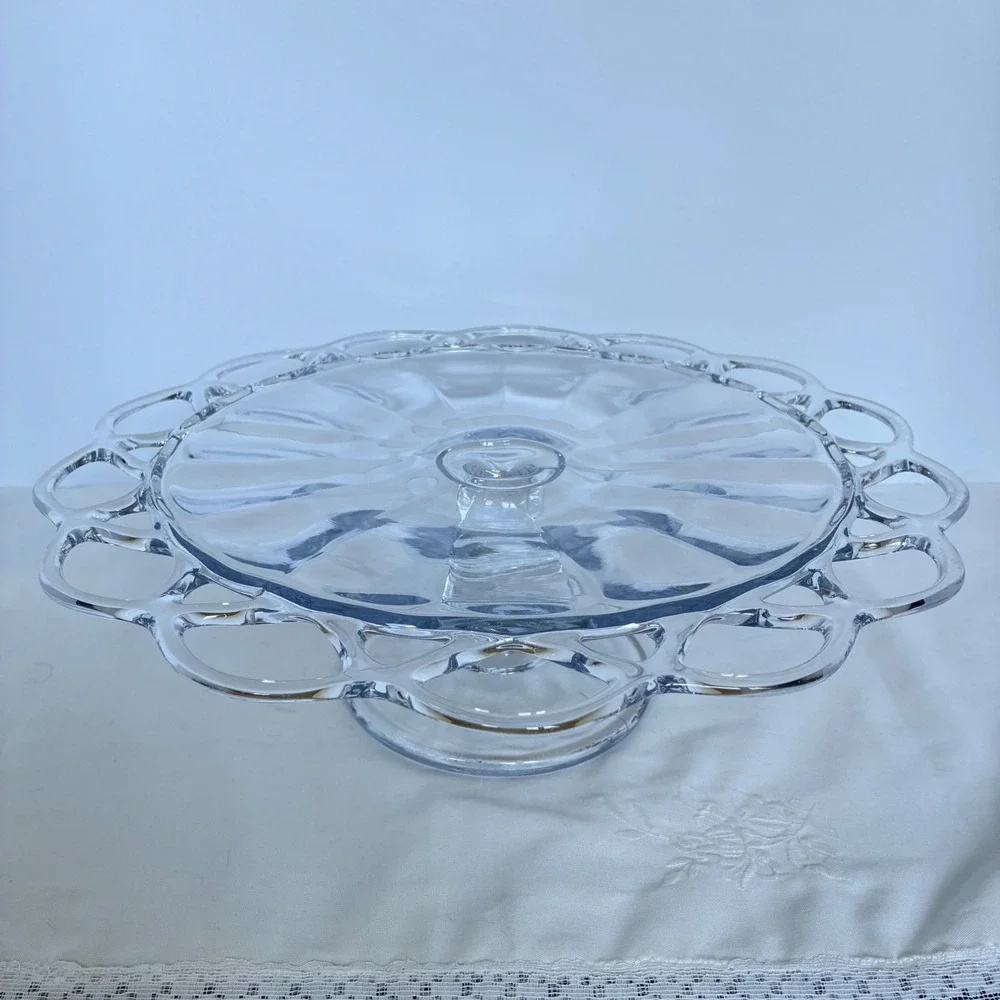 Vtg Crocheted Crystal Cake Stand/Pedestal Imperial Glass Laced Edge Tea Party